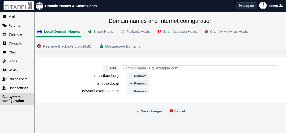 Domain names and Internet mail configuration screen in WebCit
